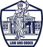 Dark blue emblem showing Lady Justice holding a sword and scales, standing in front of a courthouse. The words "Law and Order" are written below.