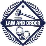 Diamond-shaped emblem featuring a gavel and handcuffs above the text "Law and Order," surrounded by a laurel wreath.