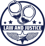 Circle emblem with handcuffs, three stars, and a badge with wings. Text reads "LAW AND JUSTICE.