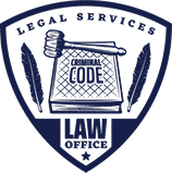 Shield-shaped logo with "Legal Services" at the top, a gavel and book labeled "Code" in the center, and "Law Office" at the bottom, flanked by two feathers.