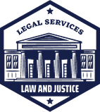 Logo with text "Legal Services Law and Justice" featuring a stylized courthouse motif within a hexagonal design.