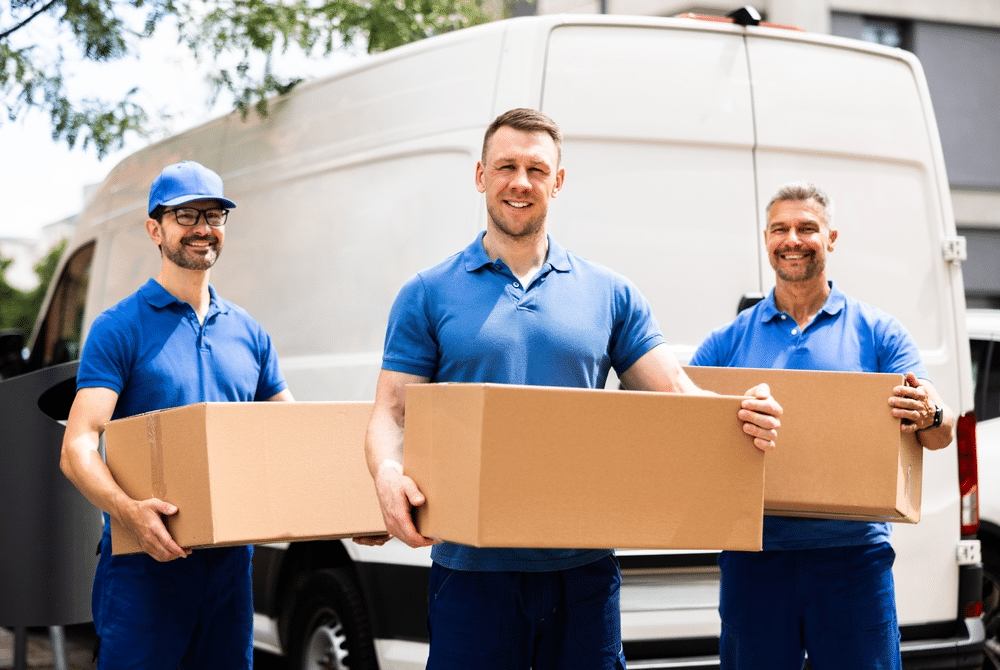 Three men in blue uniforms holding cardboard boxes stand in front of a white delivery van.