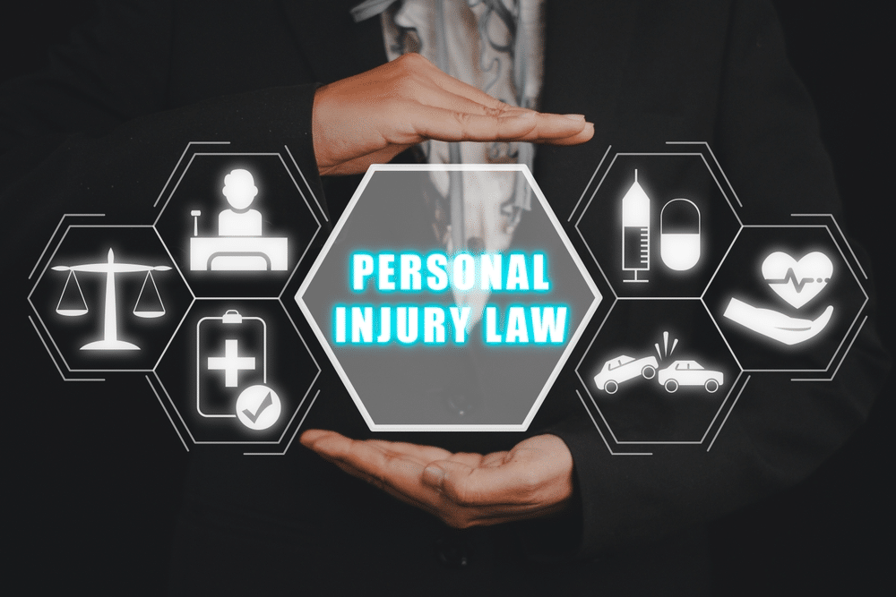 Hands framing the words "Personal Injury Law" surrounded by icons such as scales, a checklist, a syringe, a doctor, and a car crash, all representing various legal aspects.